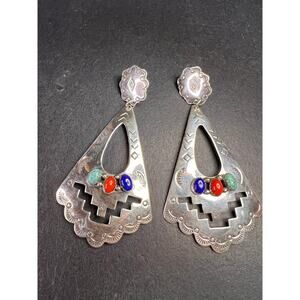 Vintage Navajo Joe Delgarito Sterling Silver Lapis Coral Turquoise Earrings